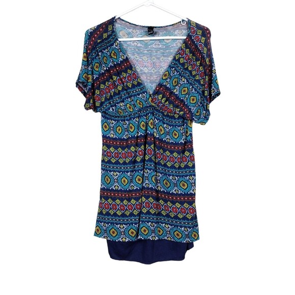 Windsor Tops - Windsor Womens Medium Blouse Blue Yellow Pullover Short Sleeve Lined V Neck